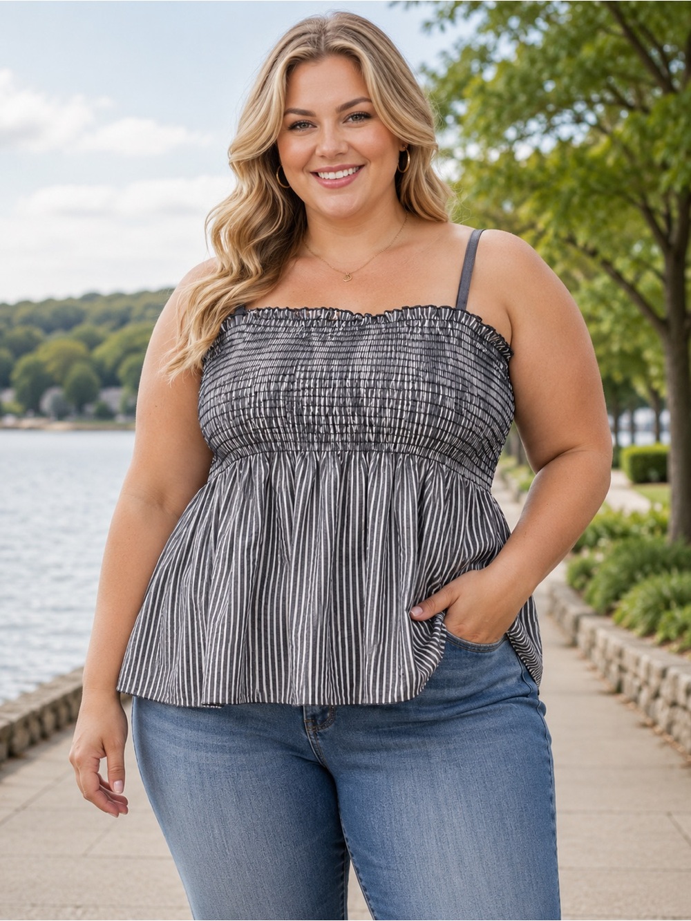 Impressions Black Smocked Striped Peplum Cami 3X